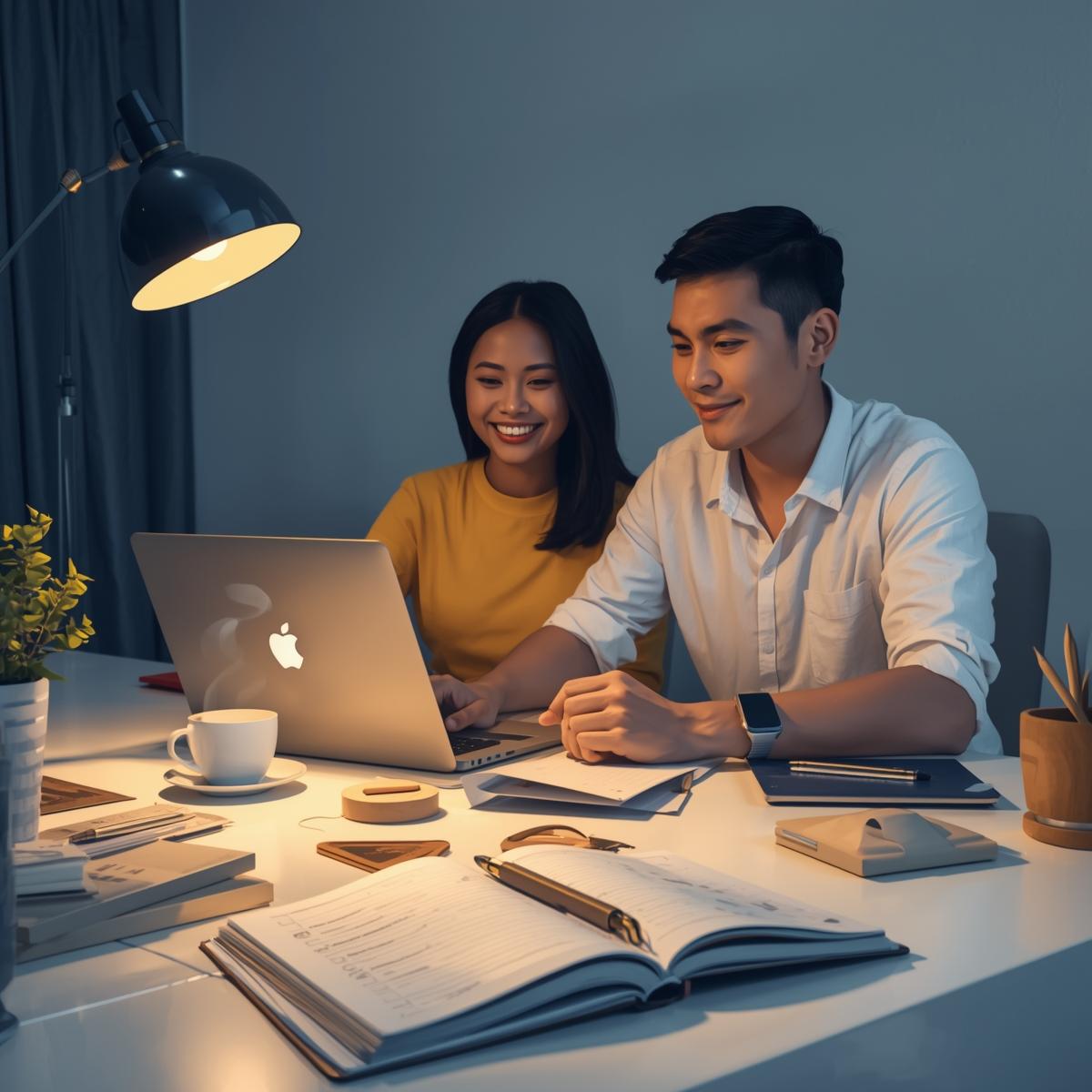 Create a realistic photo of a Filipino couple working from home. __Use bright colors with a hint of gold and dark blue with a clean workspace vibe. __Include photos of laptop, coffee cup, notebook, and checklists to symbolize work-from-home